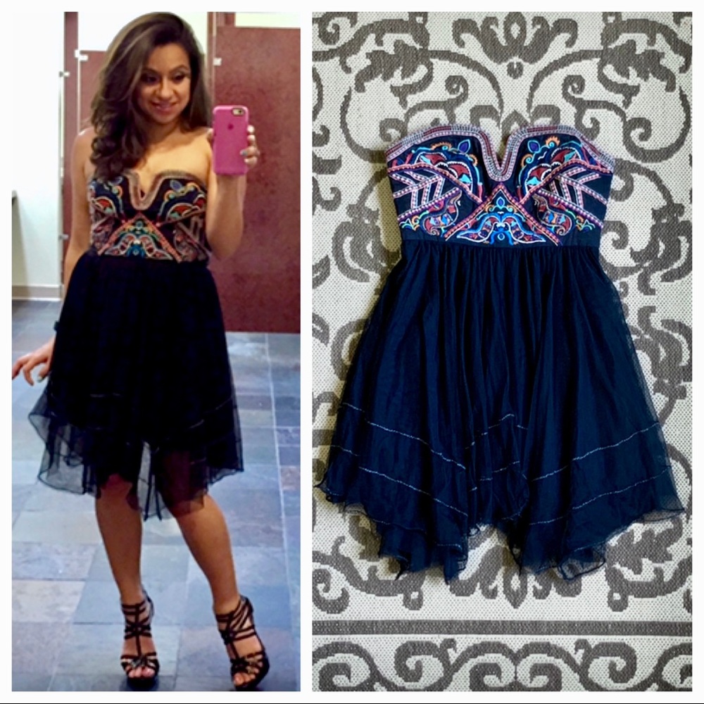 FP Embroidered and Tulle Strapless Cocktail Dress